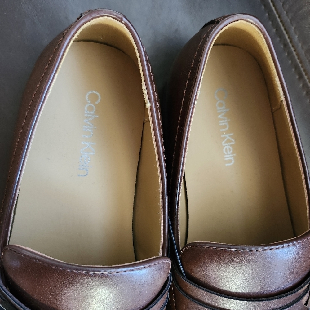 New Calvin Klein Brown Slip On Loafer Faux Leather Dress Shoe Mens 7.5 Work Prom - Picture 6 of 7